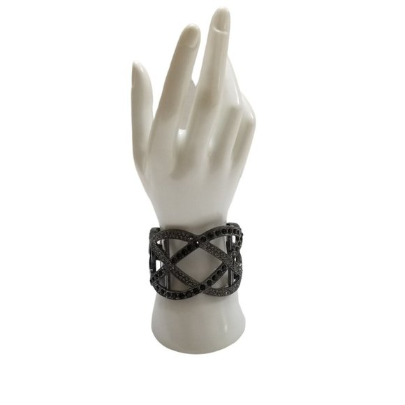 Dark Silver Black Crystals Rhinestone Woven Hollow Out Cuff Bangle Bracelet - Picture 2 of 12